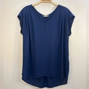 Anthropologie Pleione Blouse Sz M Navy Blue Cap Sleeve V Neck Relaxed Fit
